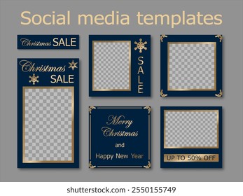 Christmas sale social media templates design, set of backgrounds for banner, flyer, card on noble dark blue backdrop with gold snowflakes. elegant vector illustration for advertising, poster, frame.