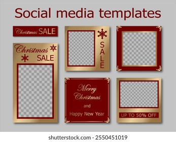 Christmas sale social media templates design, set of backgrounds for banner, flyer, card with snowflakes en classic red and gold tones. bright vector illustration for advertising, poster, frame.