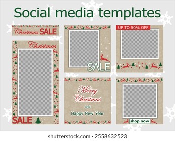 christmas sale social media templates design, set of backgrounds for banner, flyer, card on the textured backdrop with snowflakes. bright vector illustration for poster, frame en beige and red tones.