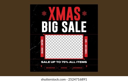 Christmas Sale Socials Media. Vector illustration. Winter holiday invite, snowflakes and streamers. Minimal flyer, brochure voucher template.