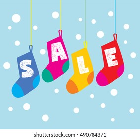 Christmas sale socks. Hanging colorful stockings with Sale letters on them. Vector illustration.