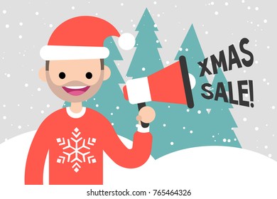 Christmas sale. Special offer. Marketing activity. Young character holding a megaphone. Seasonal discounts. Flat editable vector illustration, clip art