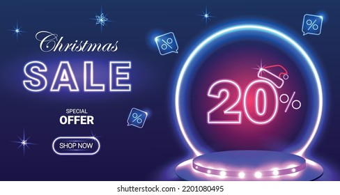 christmas sale. special offer, Neon 20 off sale banner. Sign board promotion. Vector illustration