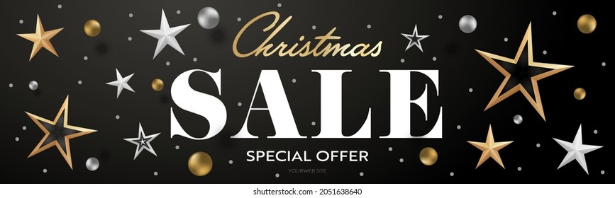 Christmas sale special offer realistic header banner design. Discount promotion text with 3d gold and silver xmas star and ball. Website cover, voucher or coupon template vector illustration