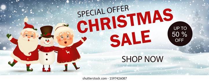 Christmas sale. Special offer. shop now. Christmas advertising design with santa claus,  Mrs. Claus, snowman. Christmas Sale Season Design Template for New Year promotion banners, headers, posters. 