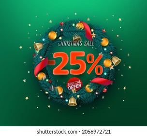 Christmas sale special offer vector promo banner. Twenty five percent discount