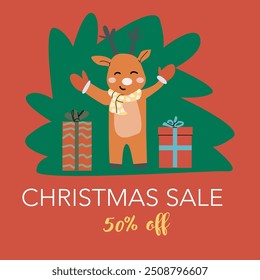 Christmas sale square banner with cartoon fairy character. Flat illustration for advertising, social media post. Cute xmas characters with gifts - ad design for childrens winter holidays goods.