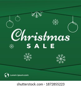 Christmas sale square banner template design. Green color with snowflakes and lamp illustration. Usable for sale attention in social media.