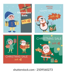 Christmas sale square banners set with cartoon fairy characters. Flat illustrations for advertising, social media post. Cute xmas characters with gifts - ad design for childrens winter holidays goods.