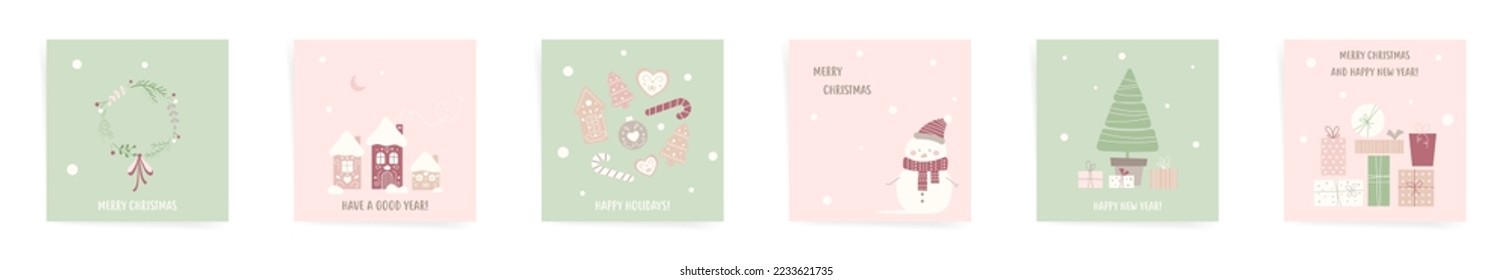 Christmas sale square card template set. Christmas green red pink design for new stories, promo posts, greeting cards. Winter design with snowman, gift boxes, Christmas tree, gingerbread and wreath.