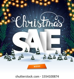 Christmas sale, square discount banner with winter landscape, starry sky, button and large white lenners behind snowdrifts