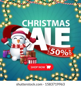 Christmas sale, square discount banner with large white letters with red ribbon, button and snowman in Santa Claus hat with gifts