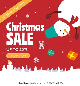 Christmas Sale square social media banner. Snowman, snowflakes, limited time only