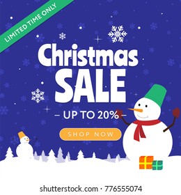Christmas Sale square social media banner. Snowman, snowflakes, limited time only
