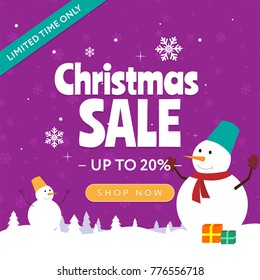 Christmas Sale square social media banner. Snowman, snowflakes, limited time only