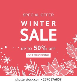 Plantilla cuadrada de venta de Navidad. Ilustración vectorial para aplicaciones móviles, diseño de banners y anuncios web, publicación de medios sociales