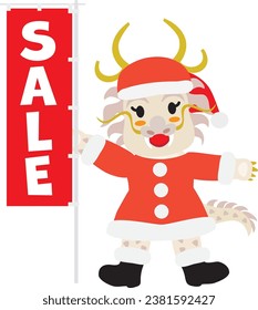 Christmas sale staff of the cute dragon with the flag at a sale. Year of the dragon of Chinese zodiac sign.