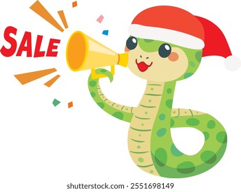 Christmas sale staff of the cute snake with a loudspeaker. Year of the Serpent of Chinese zodiac sign.