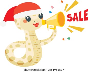 Christmas sale staff of the cute snake with a loudspeaker. Year of the Serpent of Chinese zodiac sign.