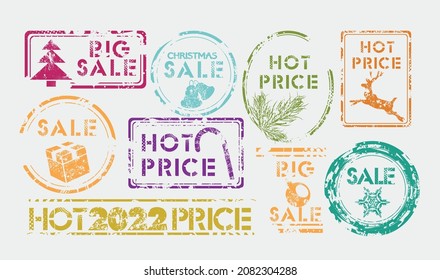 Christmas SALE stamp set, NEW YEAR symbols, vector design.