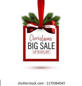 Christmas sale sticker with bow and christmas tree branches. Holiday sale banner. Vector christmas template