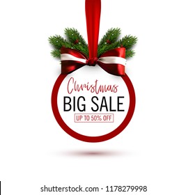 Christmas sale sticker with bow and christmas tree branches. Holiday sale banner. Vector christmas template