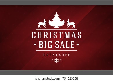 Christmas sale sticker label design on window background vector illustration. Website advertising banner or shop sale decals graphics.