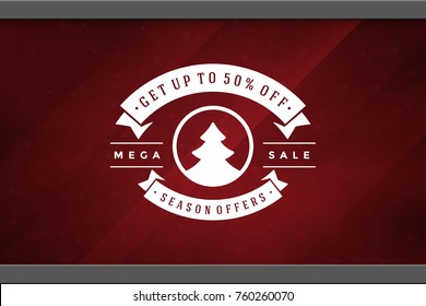 Christmas sale sticker label design on window background vector illustration. Website advertising banner or shop sale decals graphics.