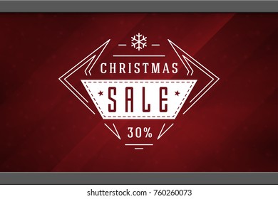 Christmas sale sticker label design on window background vector illustration. Website advertising banner or shop sale decals graphics.