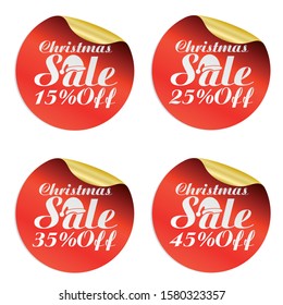 Christmas sale stickers set 15%, 25%, 35%, 45% off with Santa Claus hat.Vector illustration