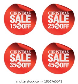 Christmas sale stickers set 15%, 25%, 35%, 45% off with Santa Claus beard. Vector illustration
