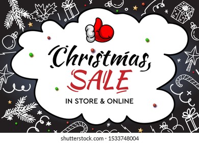 Christmas Sale, in store and online. Handwritten modern lettering with doodle decorative elements and Santa thumb up on chalkboard background. 