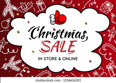 Christmas Sale, in store and online. Handwritten modern lettering with doodle decorative elements and Santa thumb up on red background. 