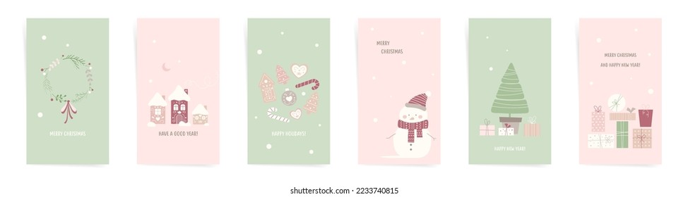 Christmas sale stories template set. Christmas green red pink design for new stories, promo posts, greeting cards. Winter design with snowman, gift boxes, christmas tree, gingerbread and wreath.