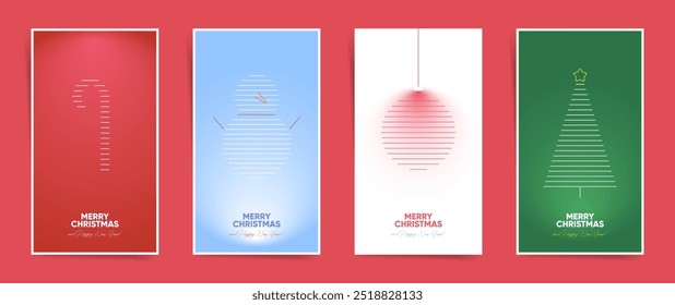 Christmas Sale Story Posts and Greediest Card Templates with Line Art Snowman, Christmas Tree, Christmas Bauble and Candy Cane 