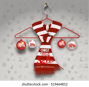 Christmas sale with striped knitted scarf on the hanger and balls. Vector illustration