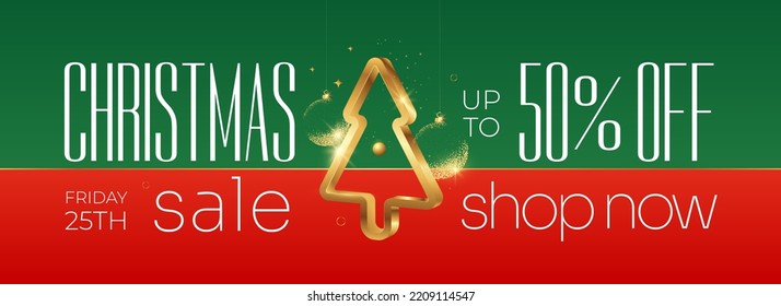 Christmas Sale with stylized Golden xmas tree. New Year discount poster. Vector