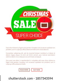 Christmas sale super choice price tag with closeup of Santa belt webpage template, text sample. Vector discount emblem with Saint Nicholas belly, web poster