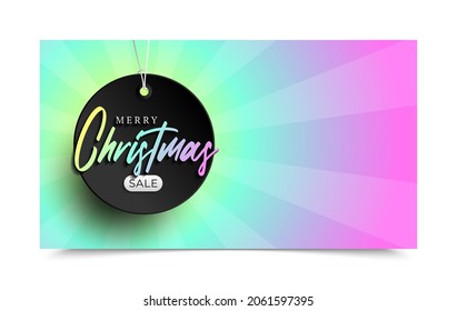 Christmas sale tag banner. Holographic Glossy iridescent color merry christmas sale tag vector illustration.
