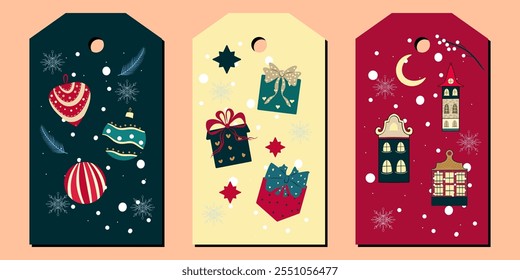 Christmas sale tag, Christmas gift card of gifts, houses, christmas ball toys