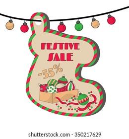 Christmas sale tag with illustration of box of Christmas balls and inscription: Festive sale. EPS 10 vector, grouped for easy editing