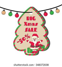 Christmas sale tag with illustration of Santa with gifts and inscription: Big Xmas sale. EPS 10 vector, grouped for easy editing