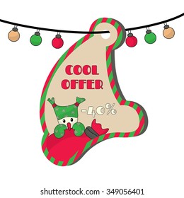 Christmas sale tag with illustration of snowman with bag and inscription: Cool offer. EPS 10 vector, grouped for easy editing