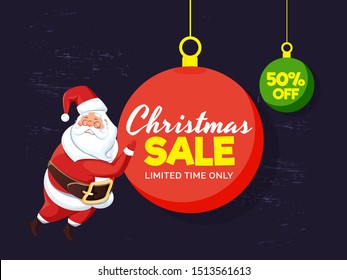 Christmas Sale tag, label or poster design with 50% discount offer and santa claus illustration on purple background.