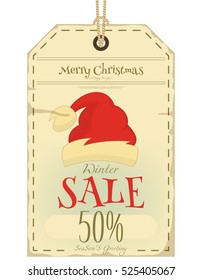 Christmas Sale Tag In Retro Style. Red Hat Santa Claus. Isolated On White Background. Vector Illustration