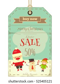 Christmas Sale Tag in Retro Style. Santa Claus, Snowman and Elf.  Isolated on White Background. Vector Illustration