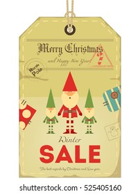 Christmas Sale Tag in Retro Style. Santa Claus and Elves. Isolated on White Background. Vector Illustration