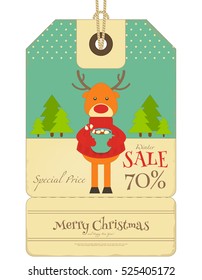 Christmas Sale Tag in Retro Style. Xmas Deer with Hot Chocolate. Isolated on White Background. Vector Illustration