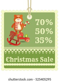Christmas Sale Tag in Retro Style. Xmas Toys on Green.  Isolated on White Background. Vector Illustration