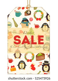 Christmas Sale Tag in Retro Style. Cute Penguins  Pattern.  Isolated on White Background. Vector Illustration